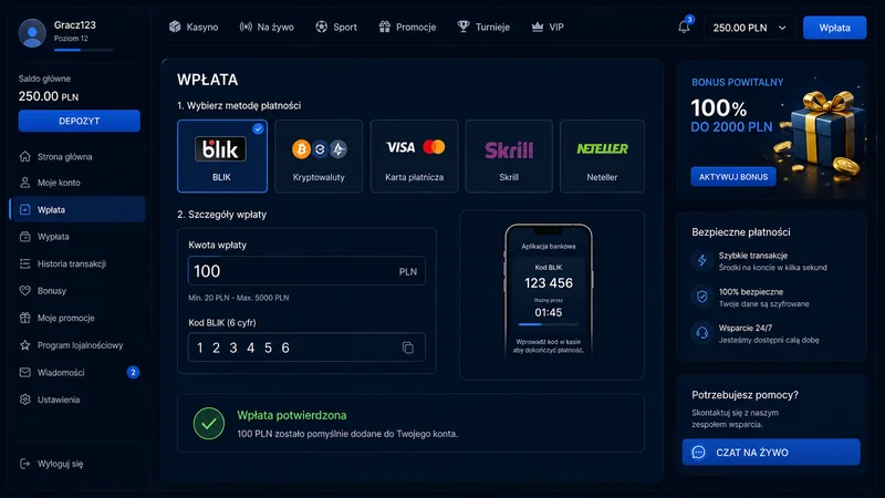 Kasjer LazyBar — wpłata BLIK, kwota 100 PLN, potwierdzenie płatności