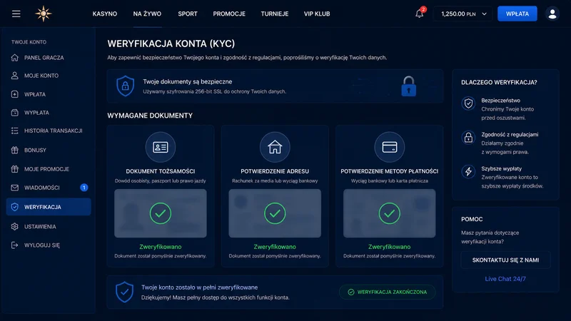 Panel weryfikacji konta KYC — wymagane dokumenty i status zweryfikowano