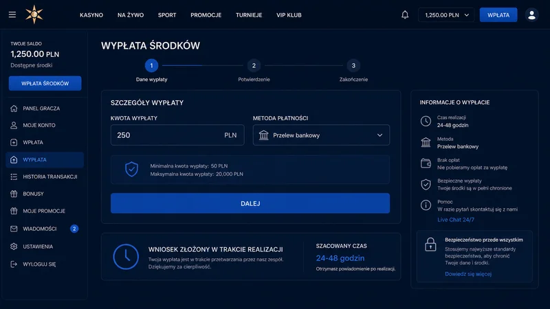 Formularz wniosku o wypłatę 250 PLN przelewem bankowym — zrzut ekranu z testu